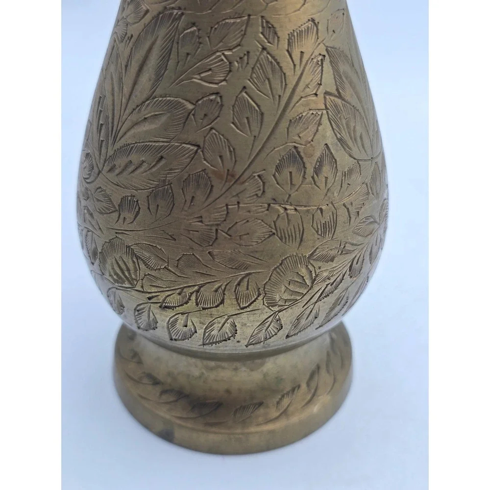 Vintage Etched Brass Vase Floral Hand Engraved Made in India 8.5 Inch Boho Decor